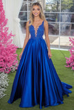 A Line Royal Blue Pleated Long Prom Dress with Lace Applique