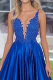 A Line Royal Blue Pleated Long Prom Dress with Lace Applique