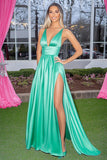 A Line Mint Pleated V-Neck Long Prom Dress with High Slit