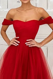 Red Off the Shoulder Tulle Ruched Floor Length Prom Dress