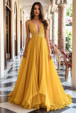 Ball Gown Yellow Deep V-Neck Ruffled Long Prom Dress with Applique