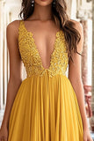 Ball Gown Yellow Deep V-Neck Ruffled Long Prom Dress with Applique