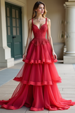 Red A Line Tiered V-Neck Long Prom Dress with Lace