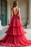 Red A Line Tiered V-Neck Long Prom Dress with Lace