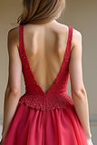 Red A Line Tiered V-Neck Long Prom Dress with Lace