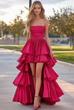 Strapless Fuchsia A Line Tiered High-Low Prom Dress