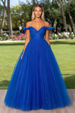 Glitter Royal Blue Ball Gown Off the Shoulder Long Prom Dress with Ruffles