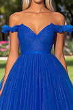 Glitter Royal Blue Ball Gown Off the Shoulder Long Prom Dress with Ruffles