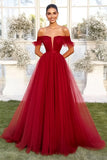 A Line Tulle Red Off the Shoulder Pleated Long Prom Dress