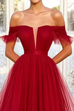 A Line Tulle Red Off the Shoulder Pleated Long Prom Dress