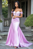 2 Piece Off the Shoulder Lilac Lace Satin Sheath Long Prom Dress