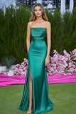 Sheath Green Strapless Ruched Long Prom Dress with Slit