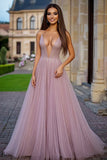 Glitter Dusty Rose Deep V-Neck Pleated A Line Long Prom Dress