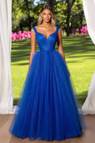 Glitter A Line Tulle Royal Blue V-Neck Pleated Long Prom Dress