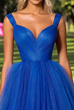 Glitter A Line Tulle Royal Blue V-Neck Pleated Long Prom Dress