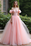 Princess Pink Ball Gown Sweetheart Tulle Long Prom Dress with Ruffles