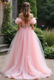 Princess Pink Ball Gown Sweetheart Tulle Long Prom Dress with Ruffles