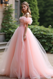 Princess Pink Ball Gown Sweetheart Tulle Long Prom Dress with Ruffles