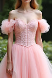 Princess Pink Ball Gown Sweetheart Tulle Long Prom Dress with Ruffles