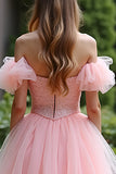 Princess Pink Ball Gown Sweetheart Tulle Long Prom Dress with Ruffles