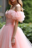 Princess Pink Ball Gown Sweetheart Tulle Long Prom Dress with Ruffles