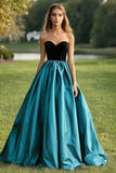 Black Peacock Blue Ball Gown Satin Sweetheart Pleated Long Prom Dress