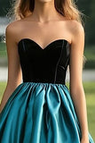 Black Peacock Blue Ball Gown Satin Sweetheart Pleated Long Prom Dress