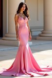 Pink Mermaid Corset Appliqued Sweep Train Prom Dress