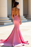 Pink Mermaid Corset Appliqued Sweep Train Prom Dress