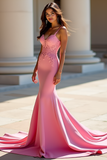 Pink Mermaid Corset Appliqued Sweep Train Prom Dress