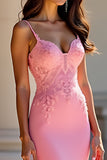 Pink Mermaid Corset Appliqued Sweep Train Prom Dress