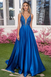 A Line Royal Blue Spaghetti Straps Deep V-Neck Long Prom Dress