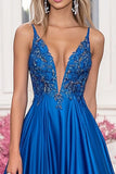 A Line Royal Blue Spaghetti Straps Deep V-Neck Long Prom Dress