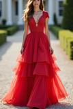 Glitter A Line Tiered Red Deep V-Neck Long Prom Dress