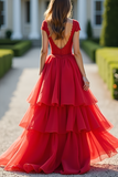 Glitter A Line Tiered Red Deep V-Neck Long Prom Dress