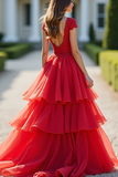 Glitter A Line Tiered Red Deep V-Neck Long Prom Dress