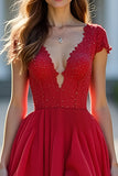 Glitter A Line Tiered Red Deep V-Neck Long Prom Dress