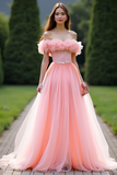 Off the Shoulder Pink A Line Sequined Long Prom Dress with Ruffles