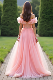 Off the Shoulder Pink A Line Sequined Long Prom Dress with Ruffles