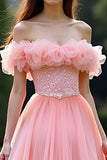 Off the Shoulder Pink A Line Sequined Long Prom Dress with Ruffles