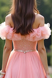 Off the Shoulder Pink A Line Sequined Long Prom Dress with Ruffles