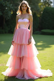 Princess Pink Strapless Sweetheart Tiered A Line Long Prom Dress