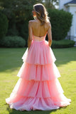 Princess Pink Strapless Sweetheart Tiered A Line Long Prom Dress