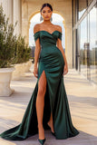 Dark Green Sheath Off the Shoulder Long Prom Dress with Slit