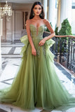 A Line Dusty Sage Tulle Appliqued Long Prom Dress with Ruffles