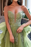 A Line Dusty Sage Tulle Appliqued Long Prom Dress with Ruffles