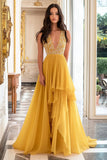 Yellow V-Neck A Line Appliqued Long Prom Dress with Ruffles