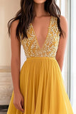 Yellow V-Neck A Line Appliqued Long Prom Dress with Ruffles