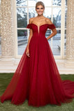 Burgundy Off the Shoulder A Line Long Prom Dress with Beading