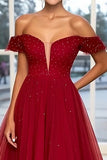 Burgundy Off the Shoulder A Line Long Prom Dress with Beading